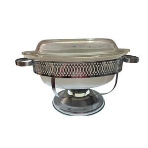 MCM Anchor Hocking Fire King Covered Casserole with Wire Rack Sterno Warmer